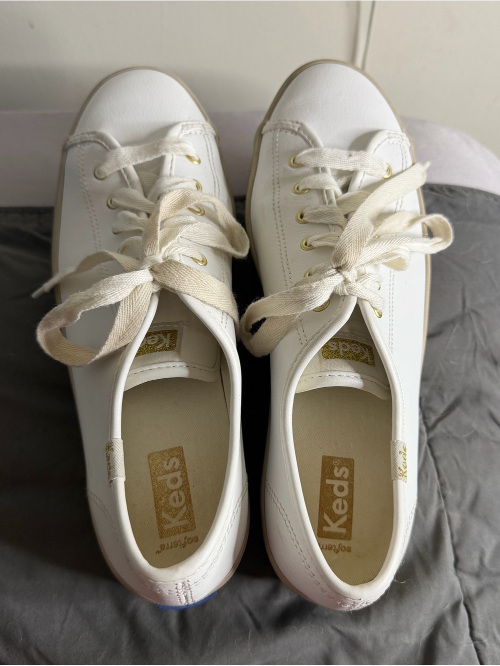 Keds White Canvas Sneakers with Tan Platform and Blue Logo